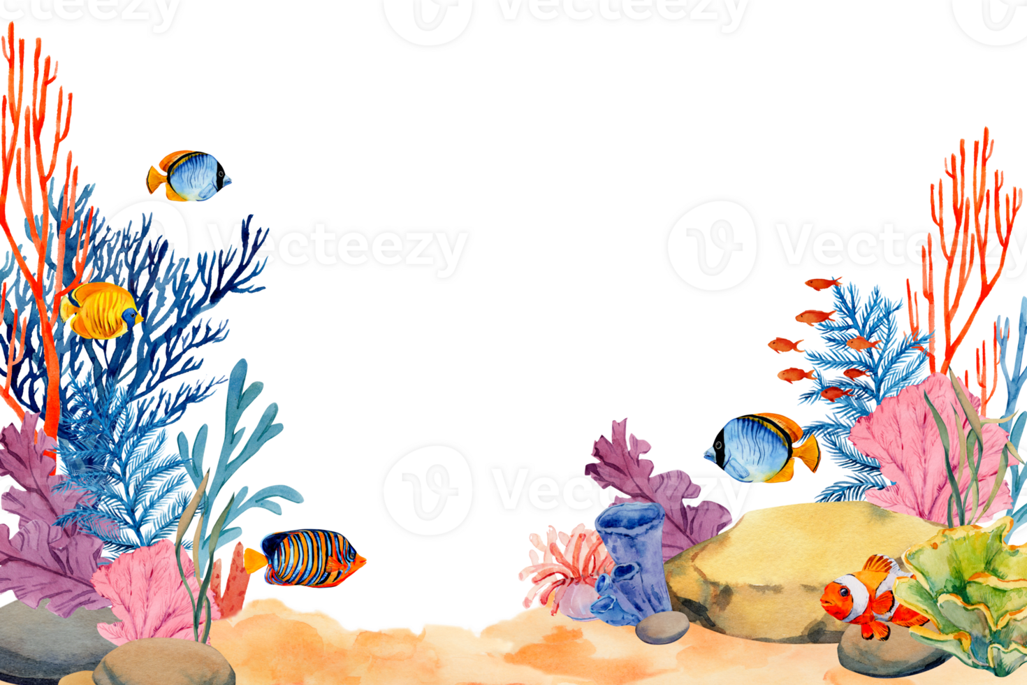 Coral reefs with tropical fish, rocks and algae. Underwater landscape. Bright watercolor illustration. The plot for the design of banners, souvenirs, postcards, posters, design and printing png