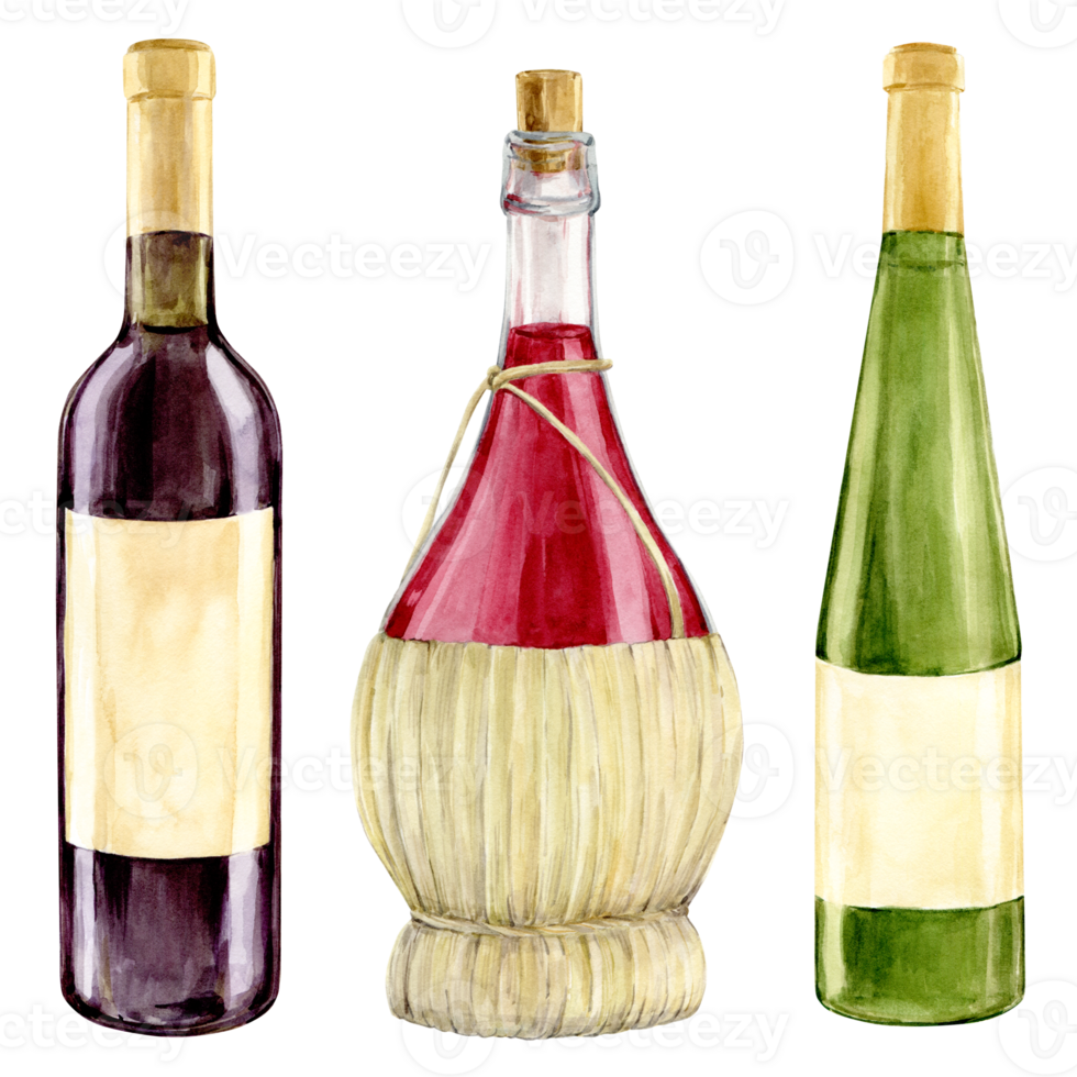 Bottles of red and white wine and a glass jug in a wicker basket sealed with a cork. Watercolor illustration of a glass in a basket woven from a straw rod. Clipart for wine tasting or wine list design png