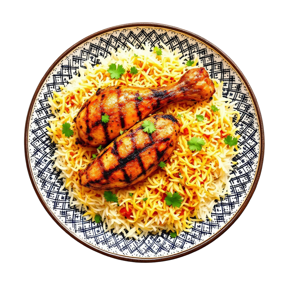 A plate of Biriyani with chicken leg pieces isolated on transparent background png
