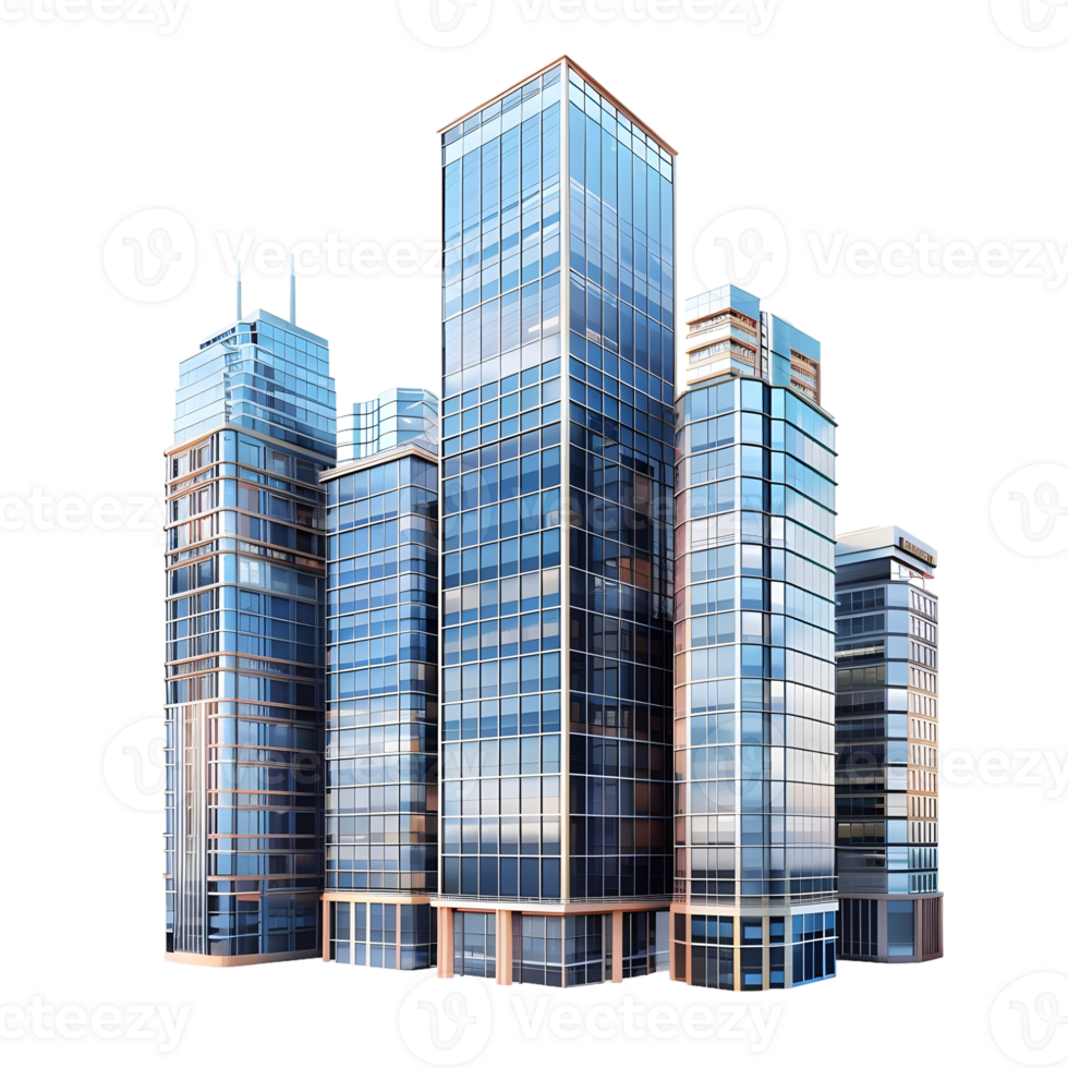 Contemporary glass skyscrapers in a cityscape isolated on transparent background png