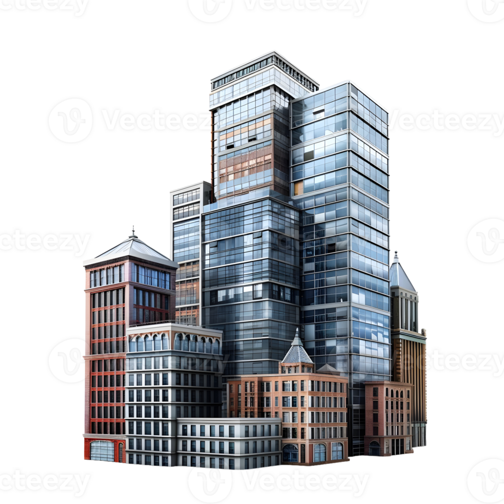 Urban skyline with a variety of architectural styles isolated on transparent background png