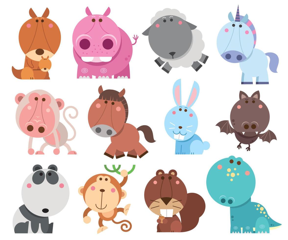 A collection of cartoon animals, including a horse, a pig, a dog, a monkey, vector