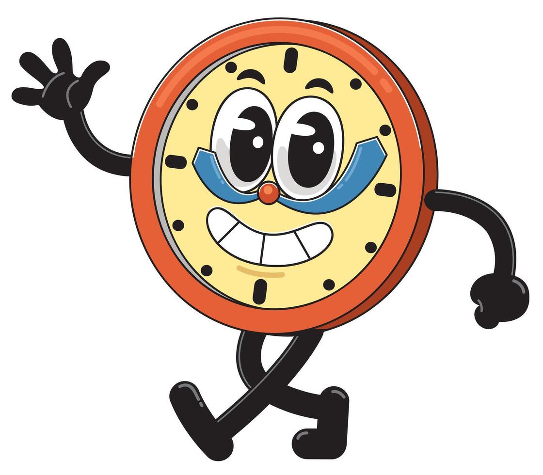 Cartoon happy clock character walking vector