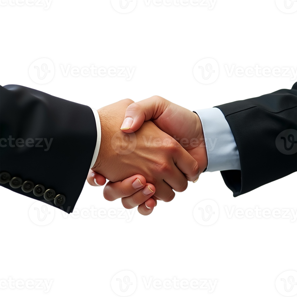 Close-up of two hands shaking, signifying a business agreement or partnership. png