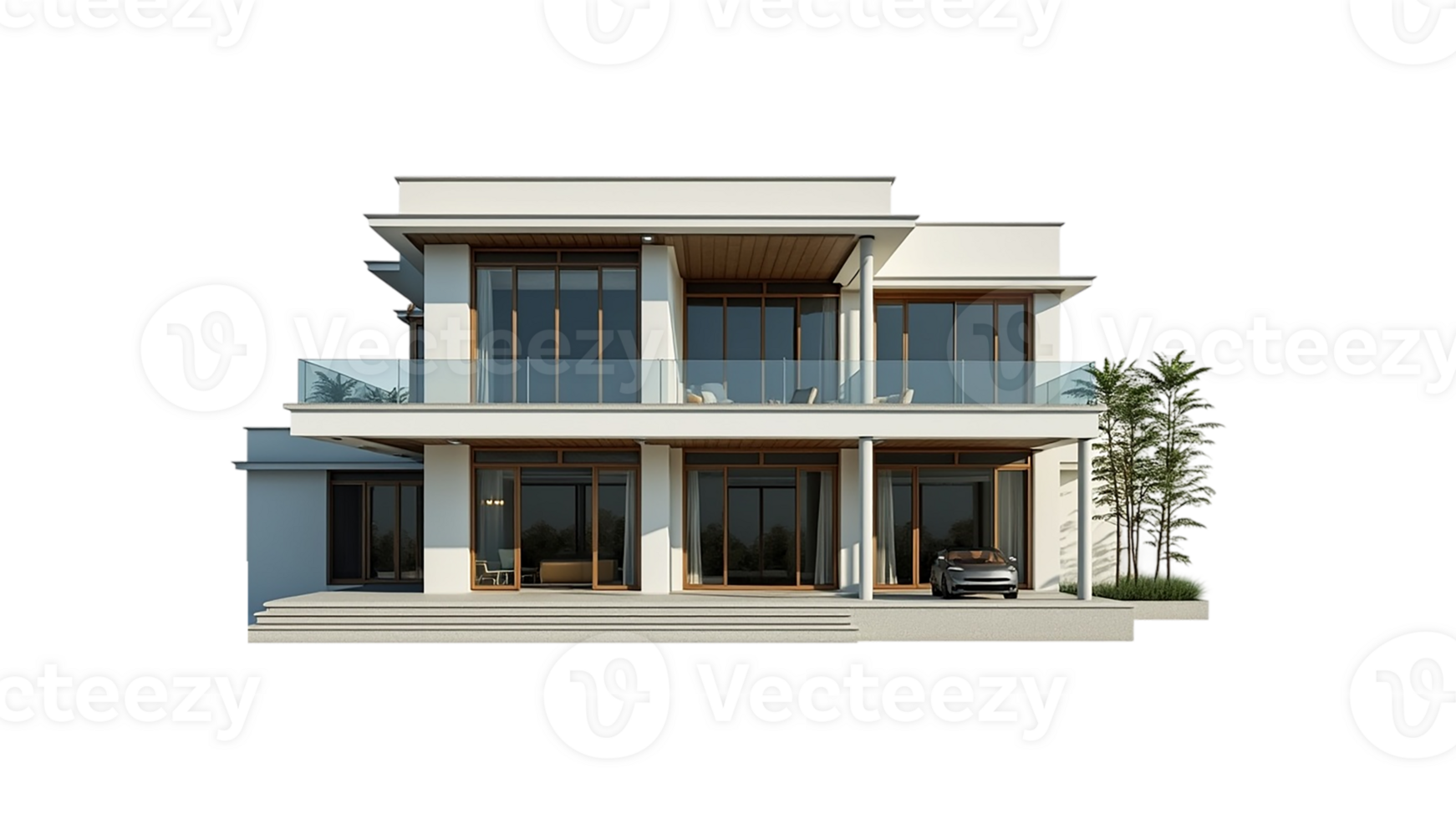 Modern Two-Story House with Large Windows and Deck png
