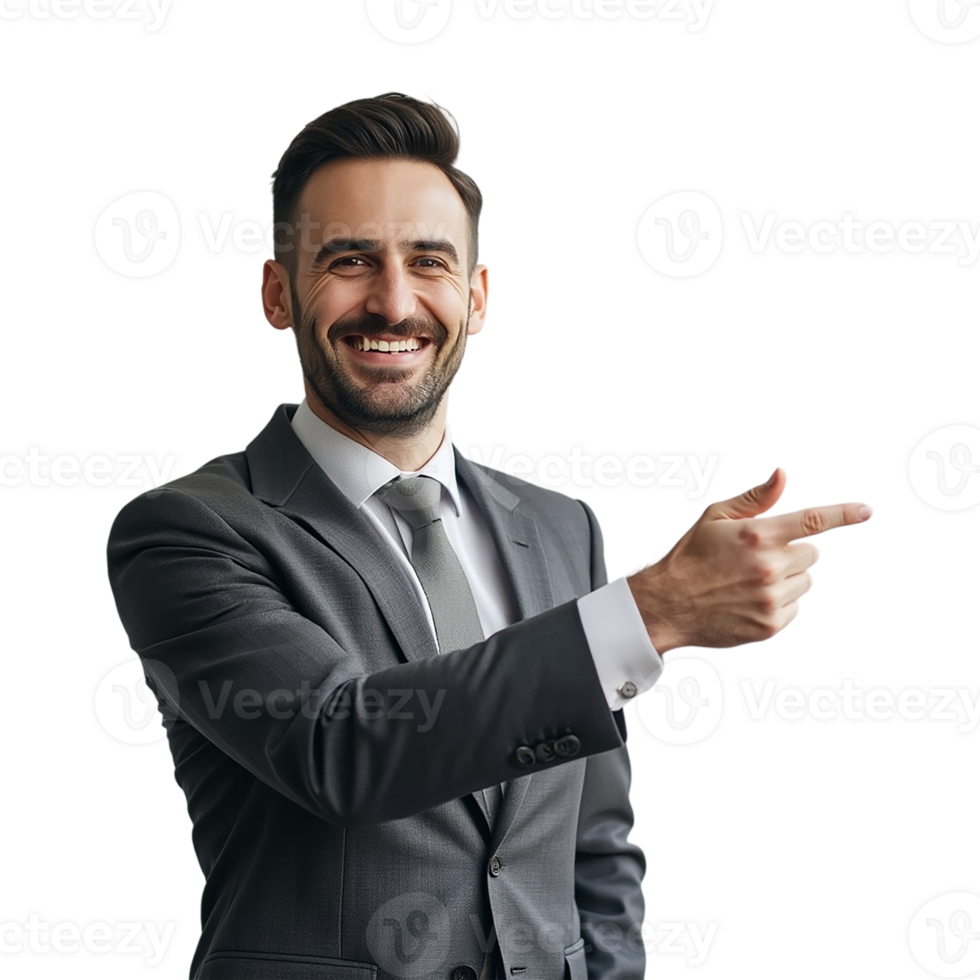 A cheerful, middle-aged man in a gray suit, pointing confidently to the right, against a pure transparent background. png