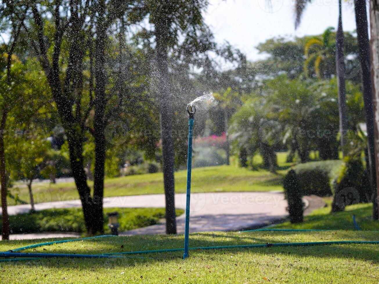 A sprinkler on the lawn in autumn in a park. Watering the grass on lawn a hot sunny summer day. photo
