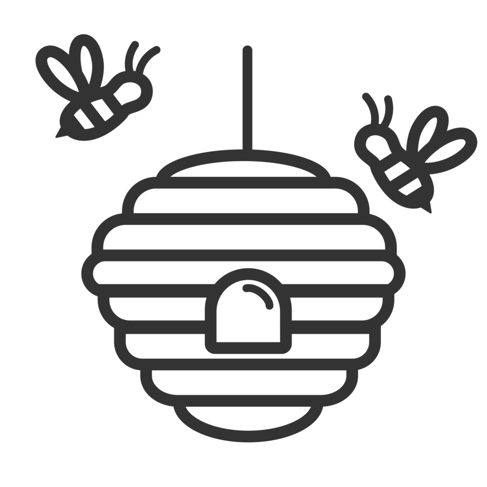 A bee hive and two bees flying around it png