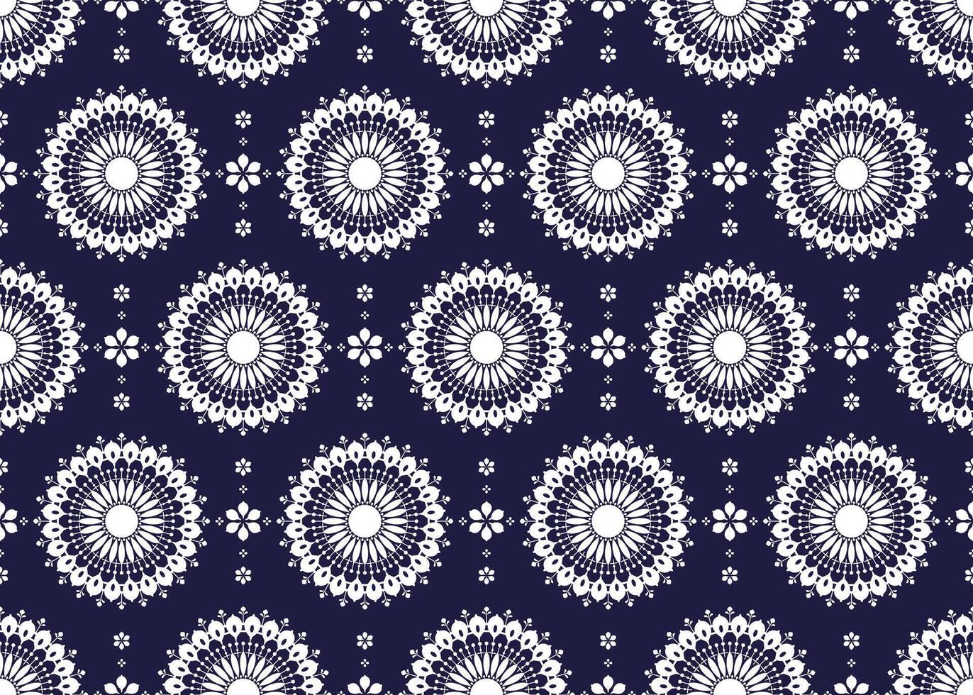 White mandalas ethnic fabric seamless pattern on dark blue background, design for cloth, carpet, batik, wallpaper, wrapping etc. vector