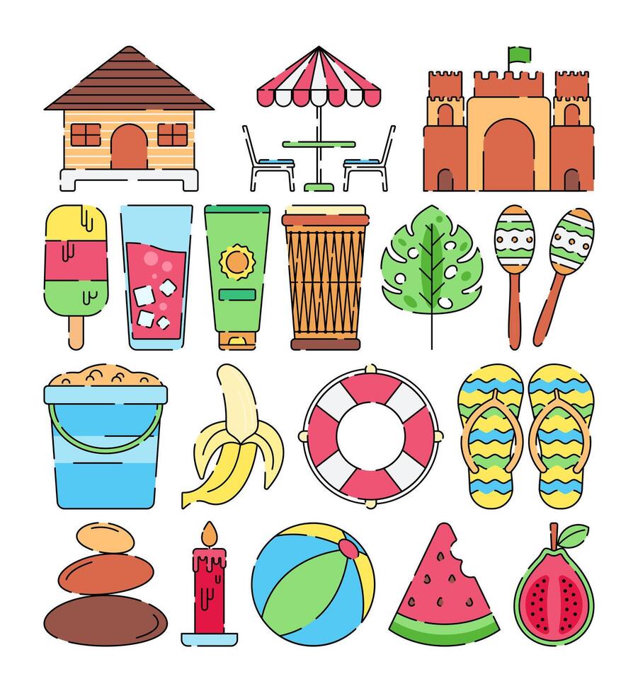 Tropical holiday icons in flat design style, featuring summer elements like beach hut, ice cream, flip flops, fruits, drum, and lifebuoy. Perfect for vacation, travel, and summer themed designs. vector