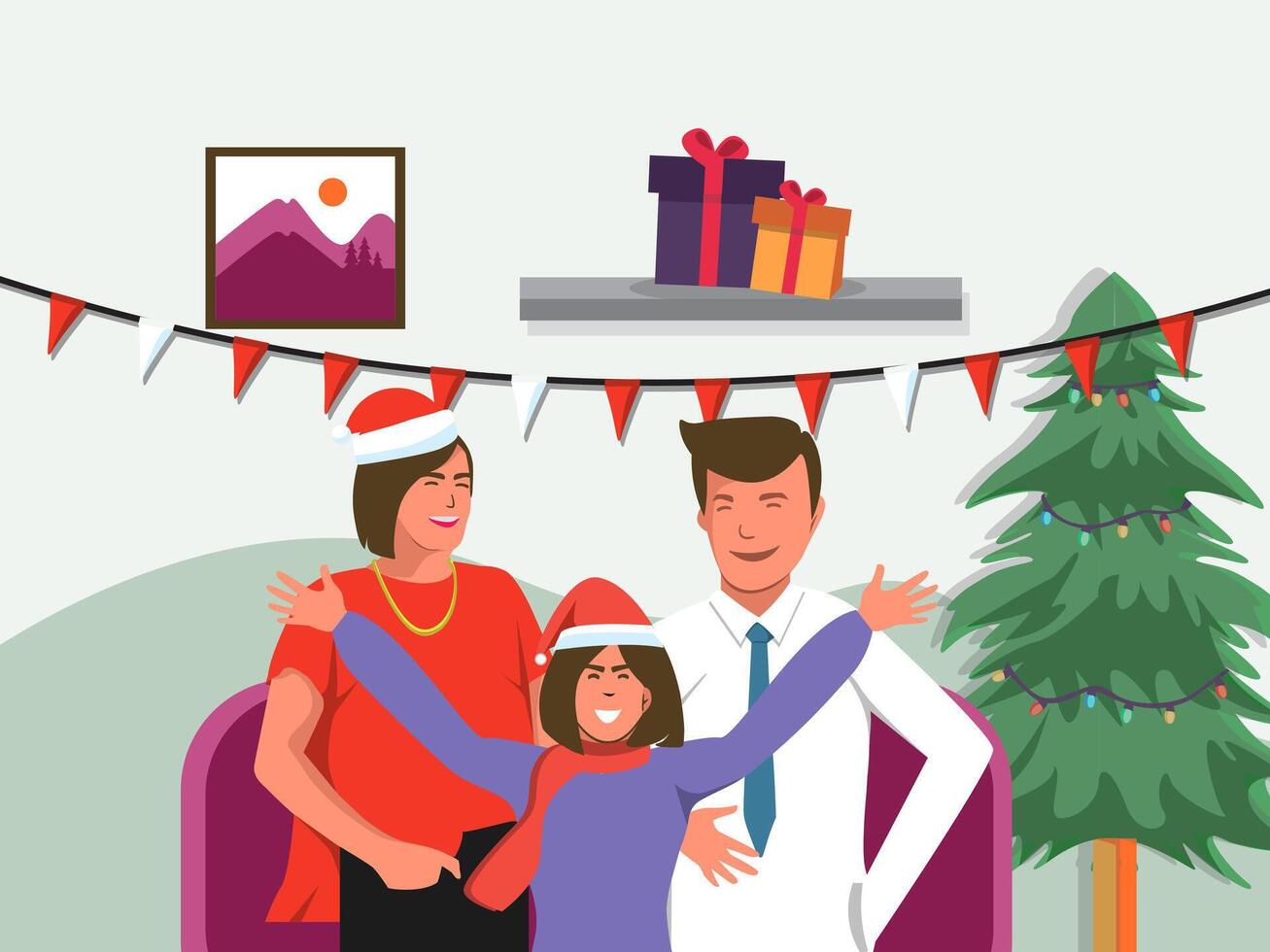 a family with a christmas tree and a sign that says christmas. vector
