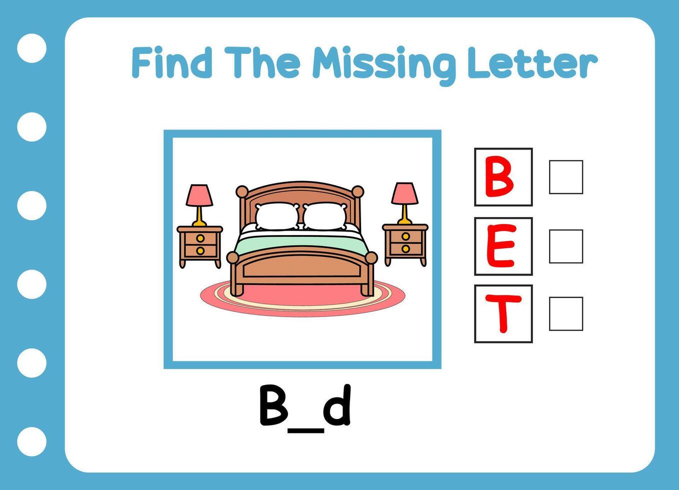 find the missing letter of bed. game for kids vector