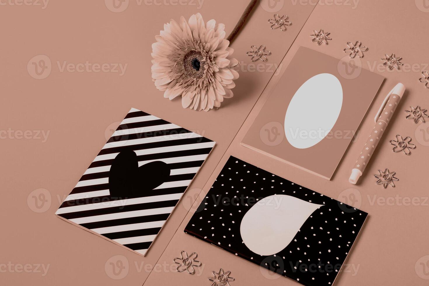 Set of stylish notebooks on paper geometric background, , mocha mousse tinting photo