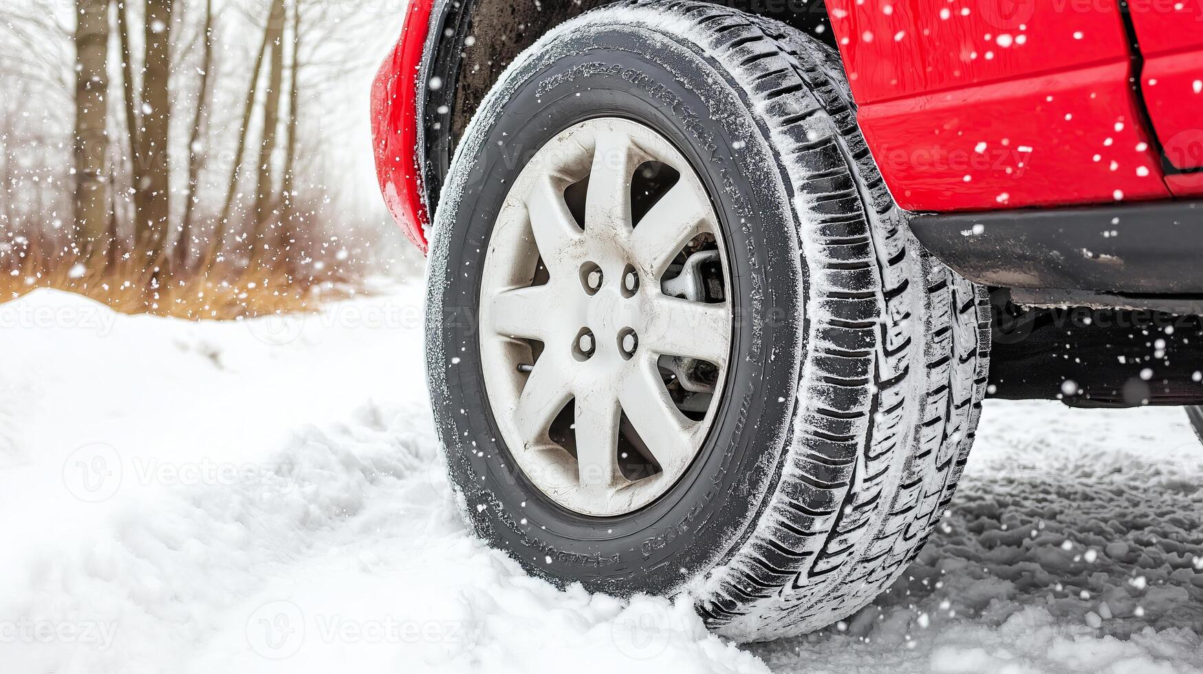 Red car with winter tires driving through snowy forest road photo