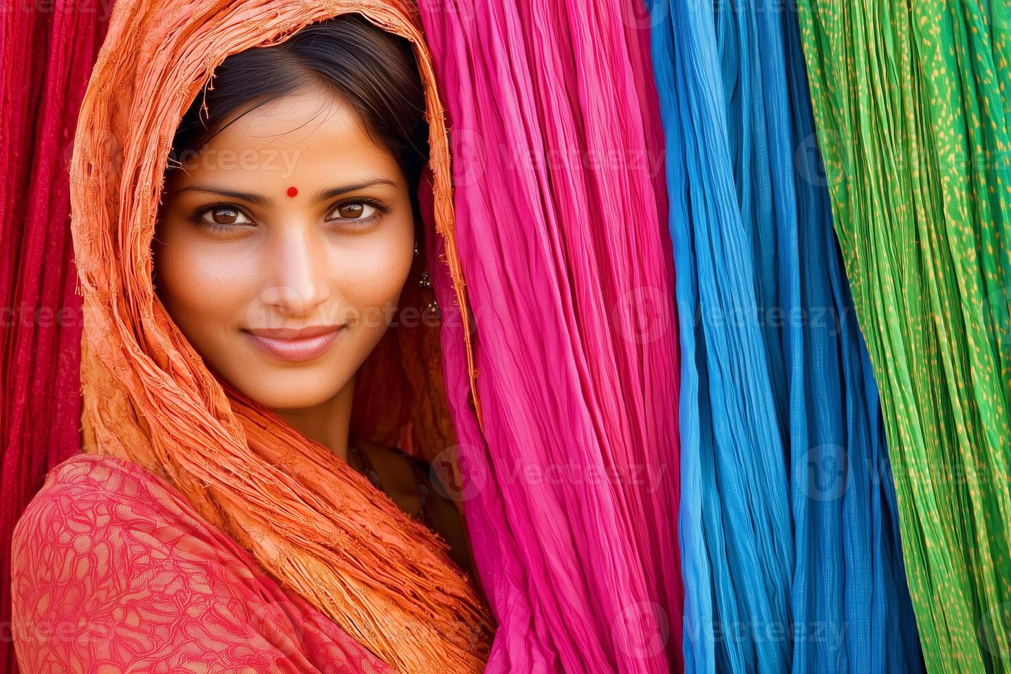 Vibrant cultural portrait of a smiling Indian woman in traditional attire with colorful textiles photo