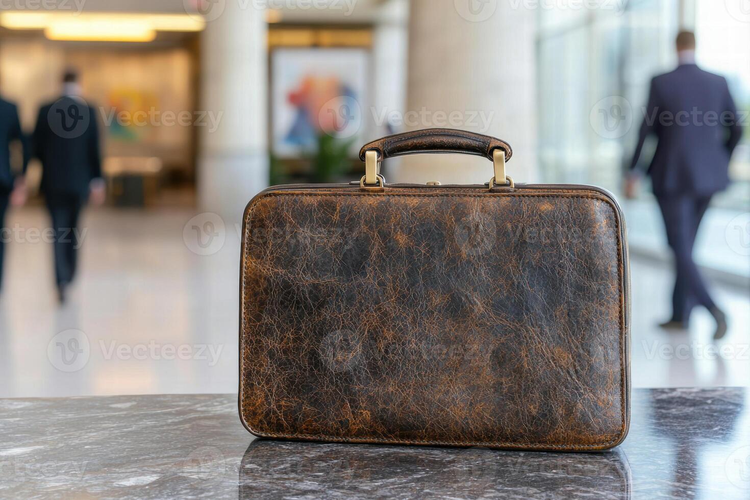 Vintage leather briefcase on marble table photo