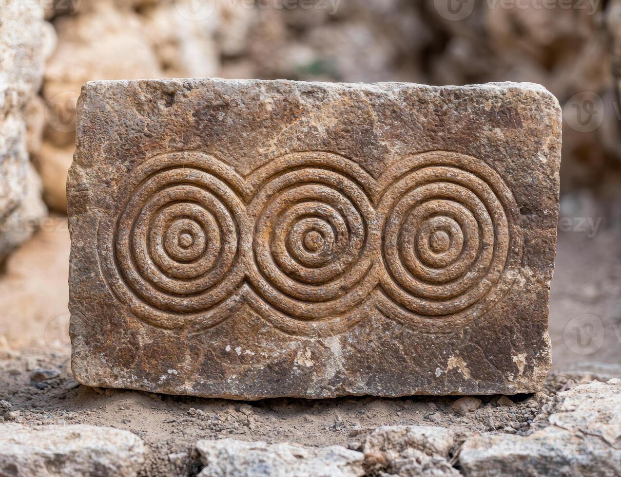 ancient stone carving with spiral patterns photo
