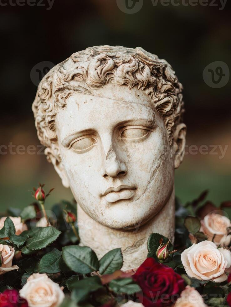 Serene stone statue surrounded by vibrant roses photo
