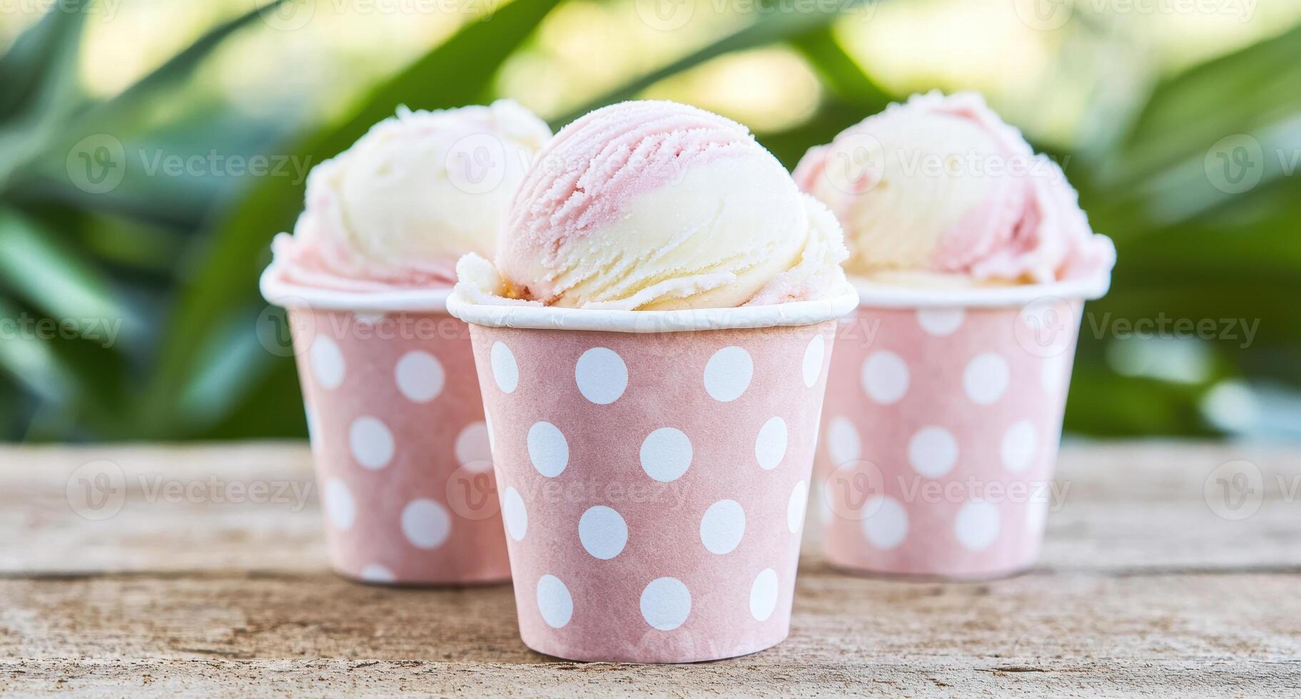 Delicious ice cream scoops in polka dot cups photo
