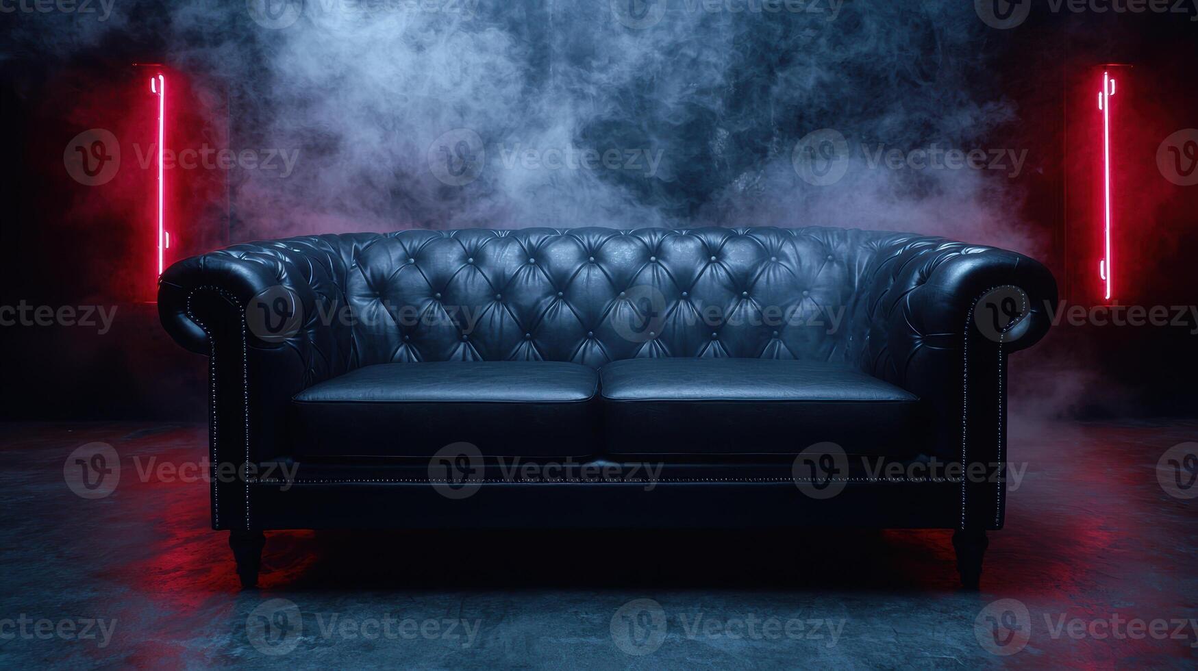 Dramatic black leather sofa in moody lighting photo