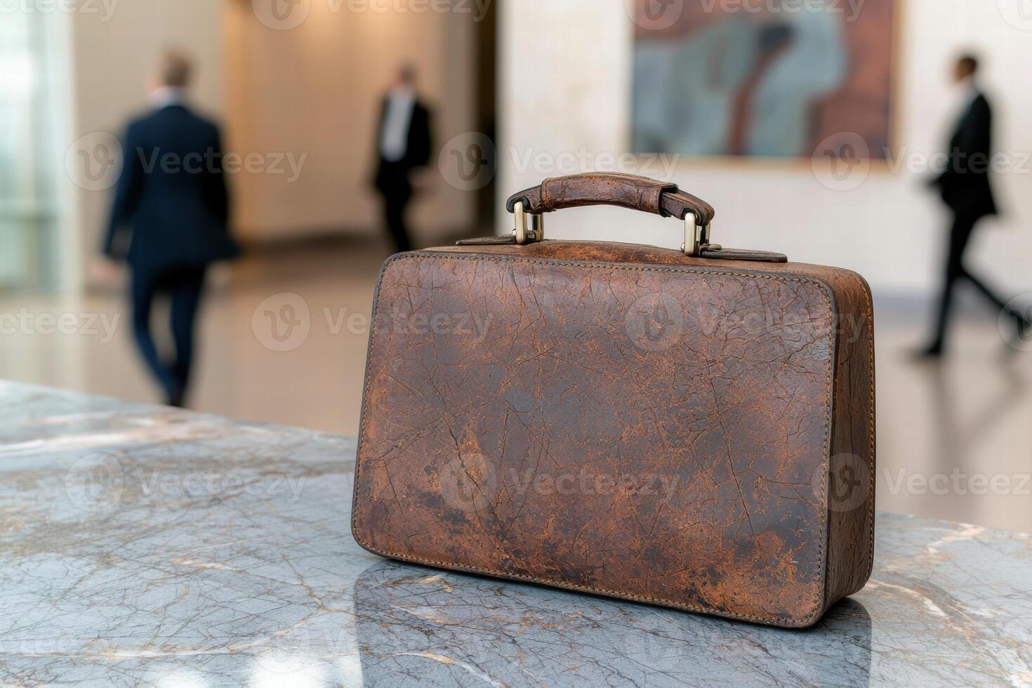 Vintage leather briefcase on marble table photo