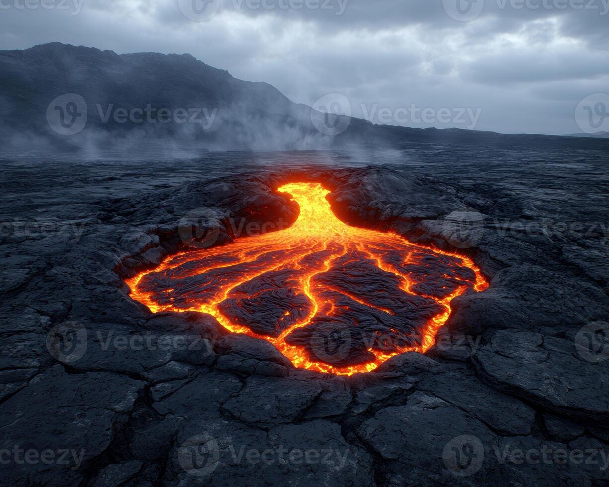 Dramatic volcanic landscape with glowing lava flow photo
