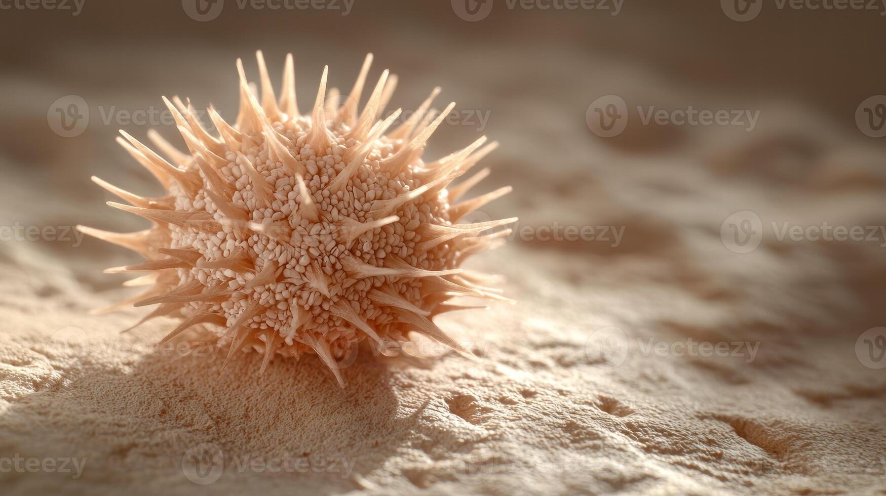 Closeup of a spiky sea urchin shell on a sandy surface photo