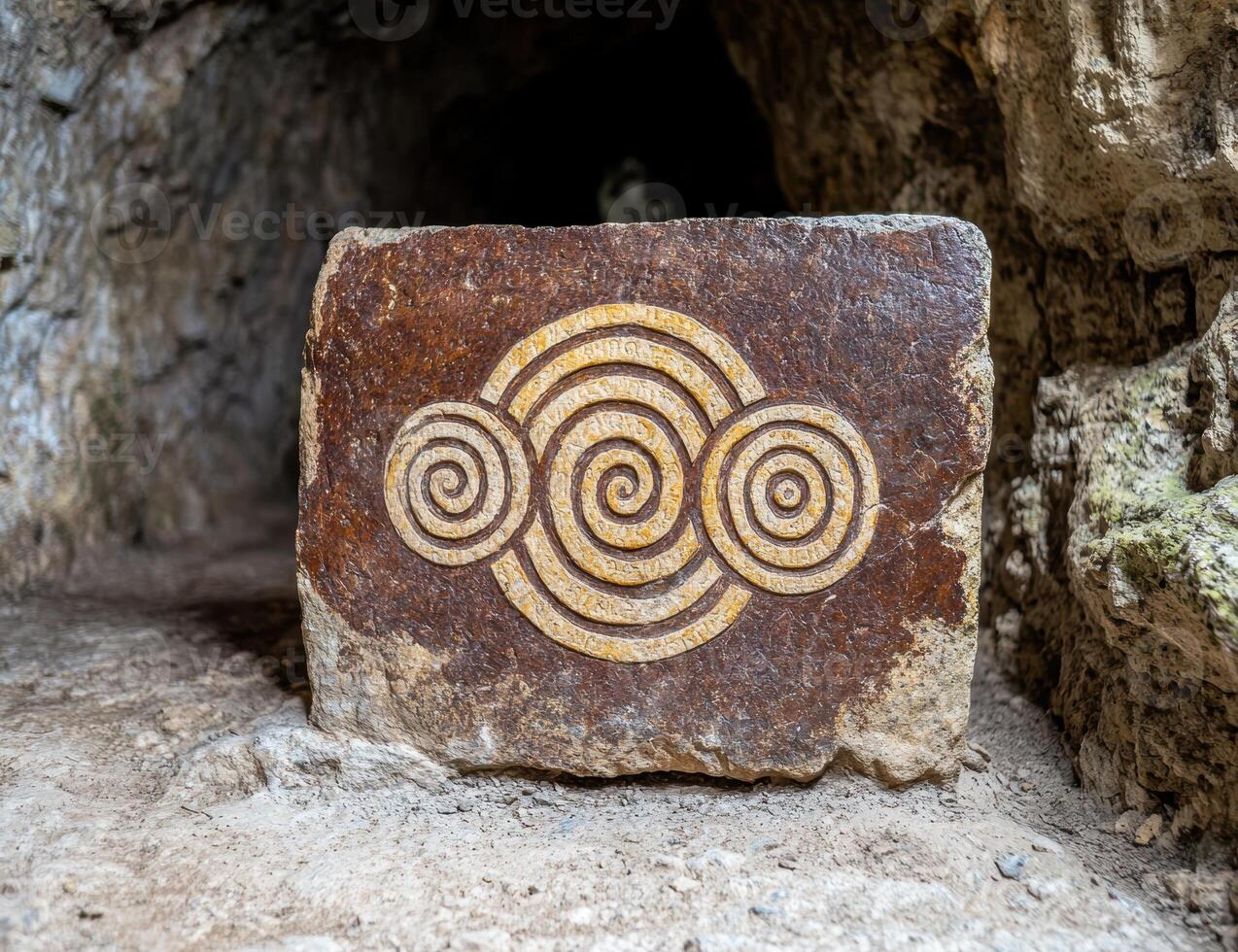 ancient spiral symbol carved on stone photo