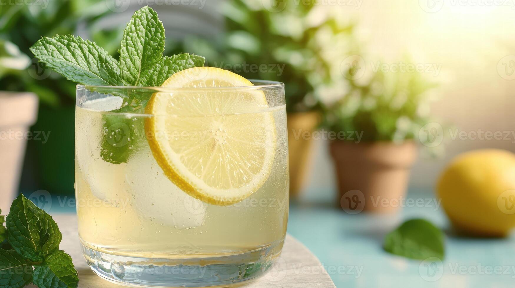 refreshing lemon mint drink with ice photo