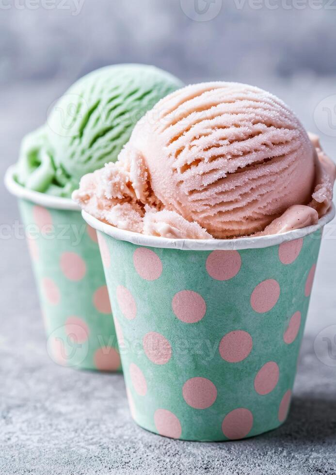 Delicious ice cream scoops in a colorful polka dot cup photo