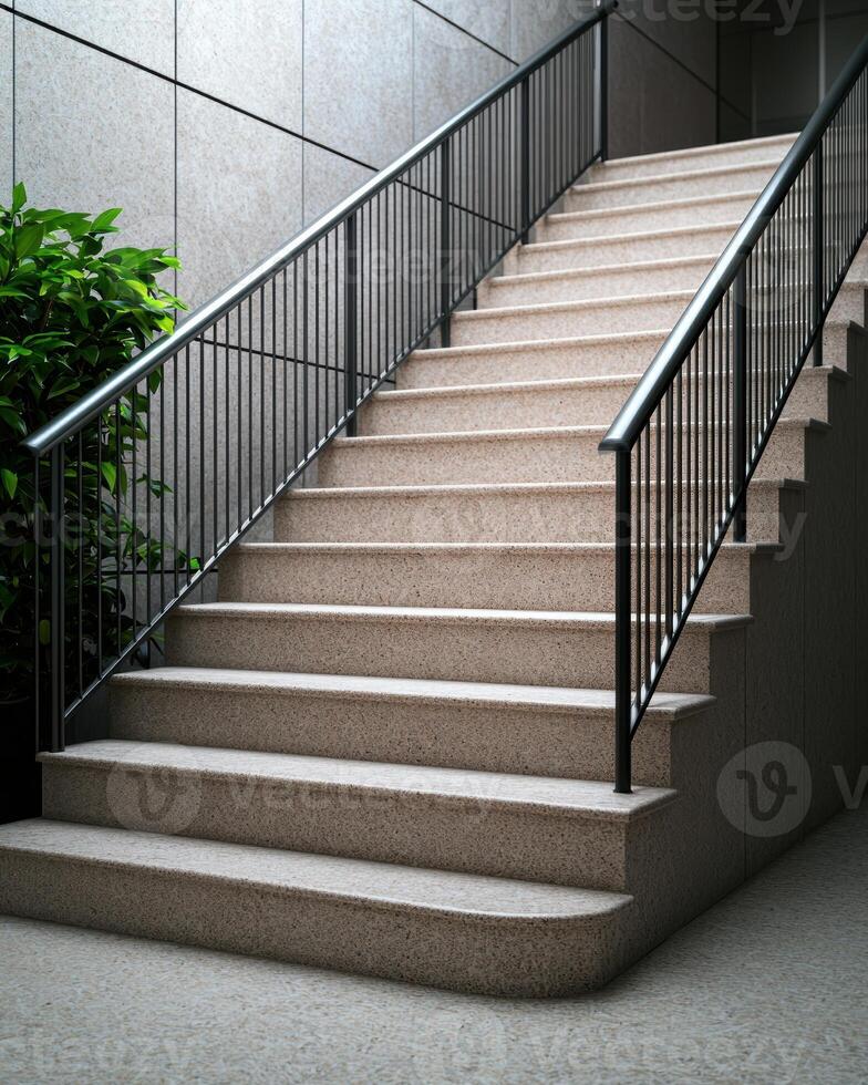 modern staircase with metal railing and greenery photo