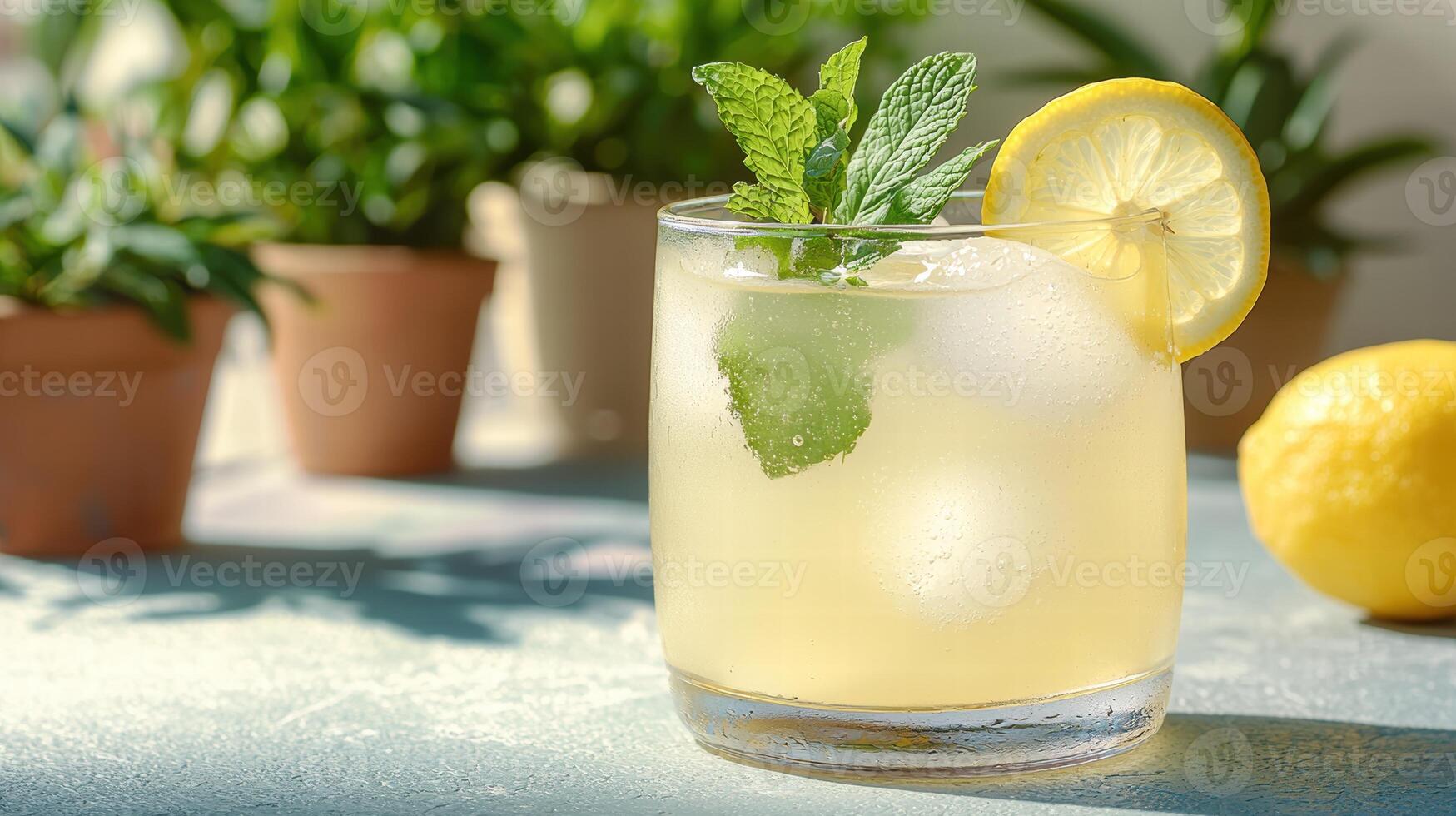 refreshing lemonade with mint in glass photo