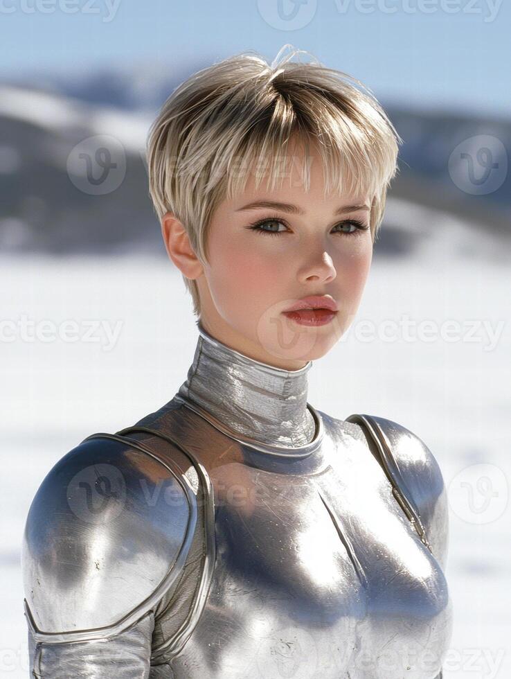 futuristic woman in silver spacesuit photo