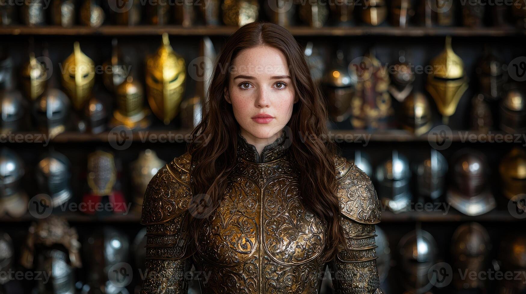 Warrior woman in ornate golden armor photo