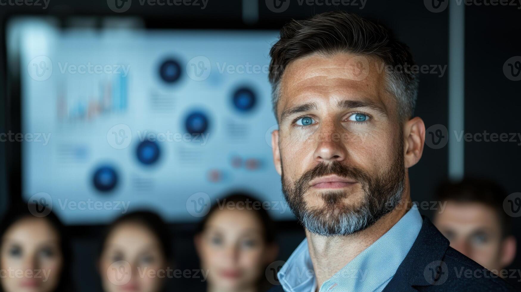 Serious businessman analyzing data on screen photo