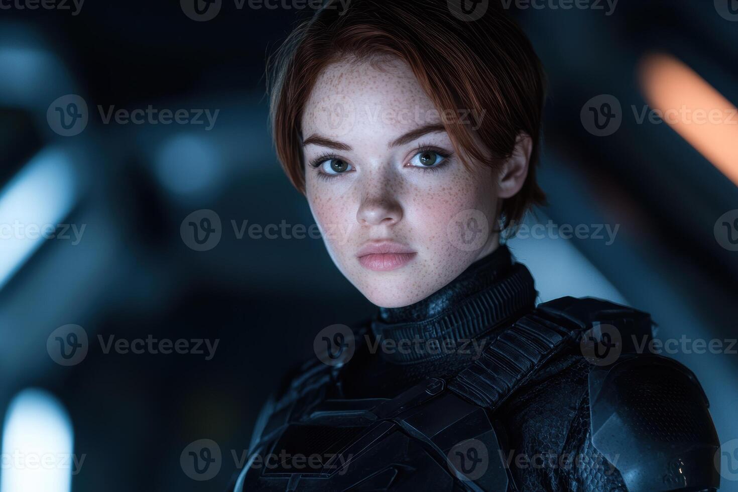 Serious young woman with freckles in dark outfit photo