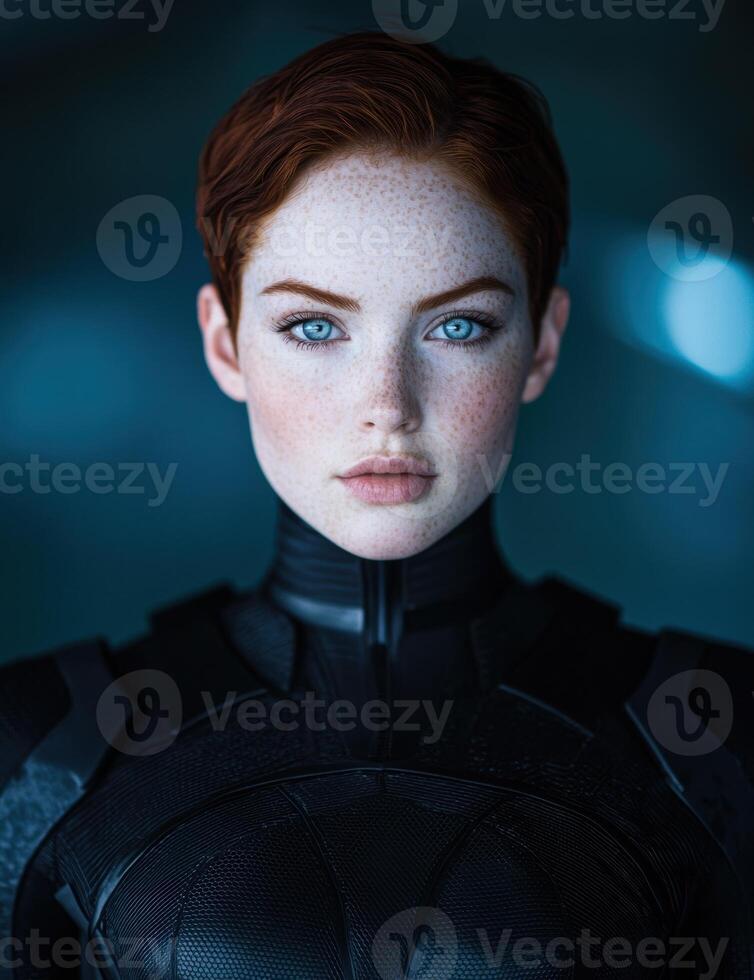 Intense gaze of a young woman with striking blue eyes and freckles photo