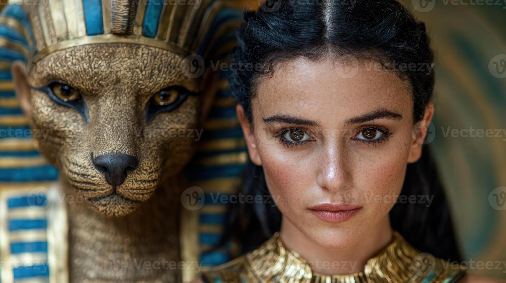 ancient egyptian woman with sphinx statue photo