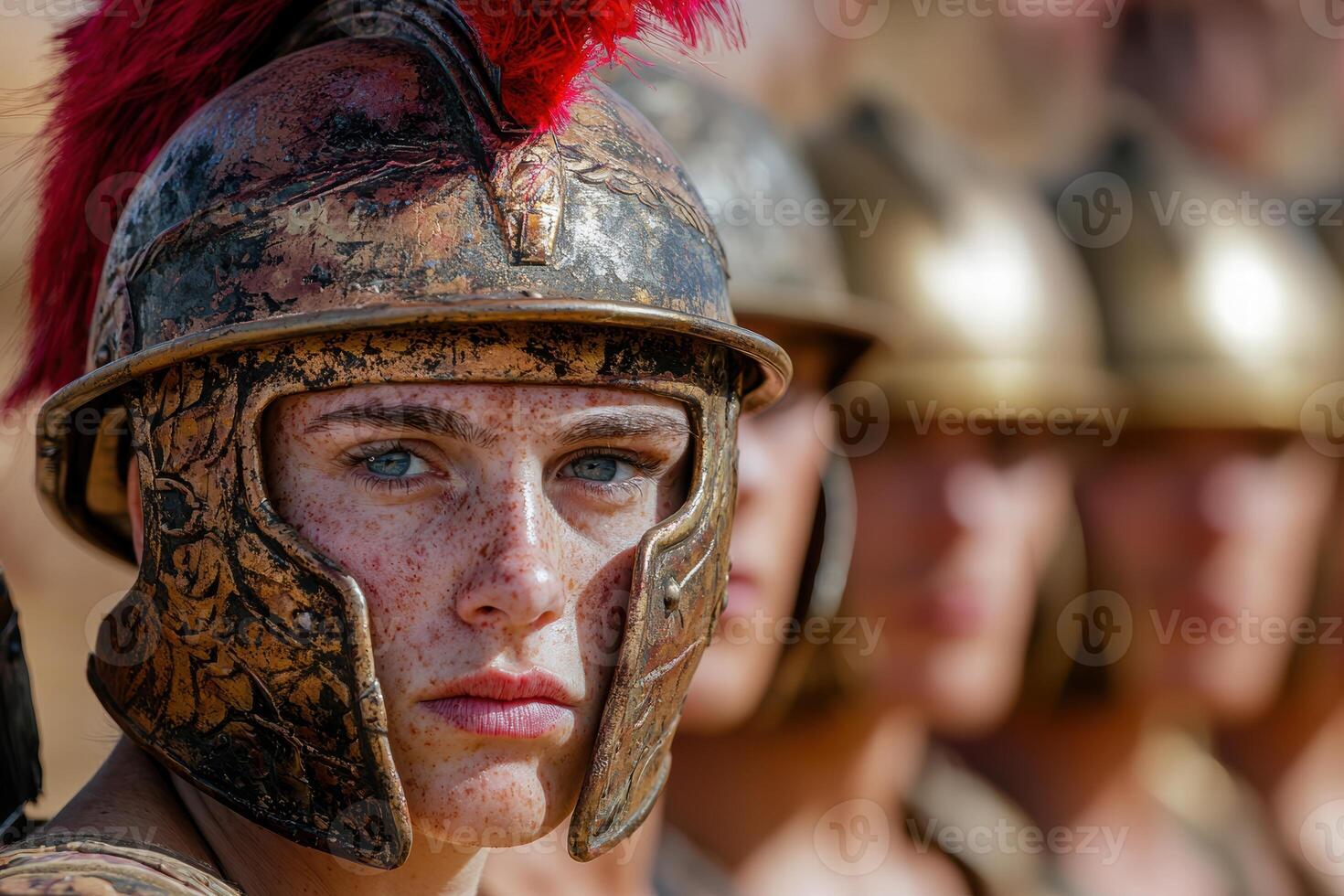 Warrior with intense gaze wearing ancient helmet photo