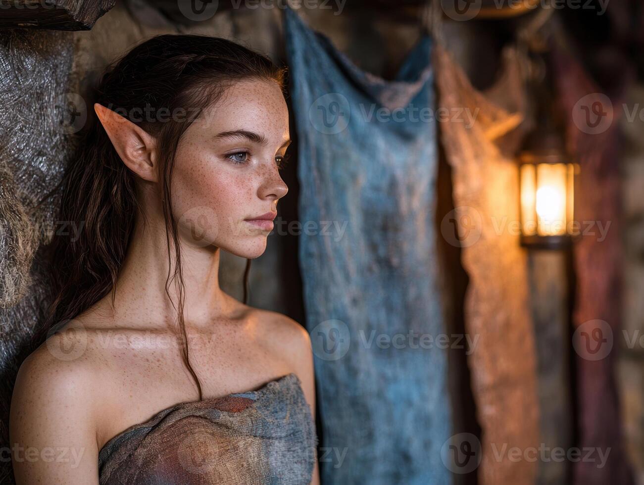 Mysterious elf like woman in a dark, moody setting photo