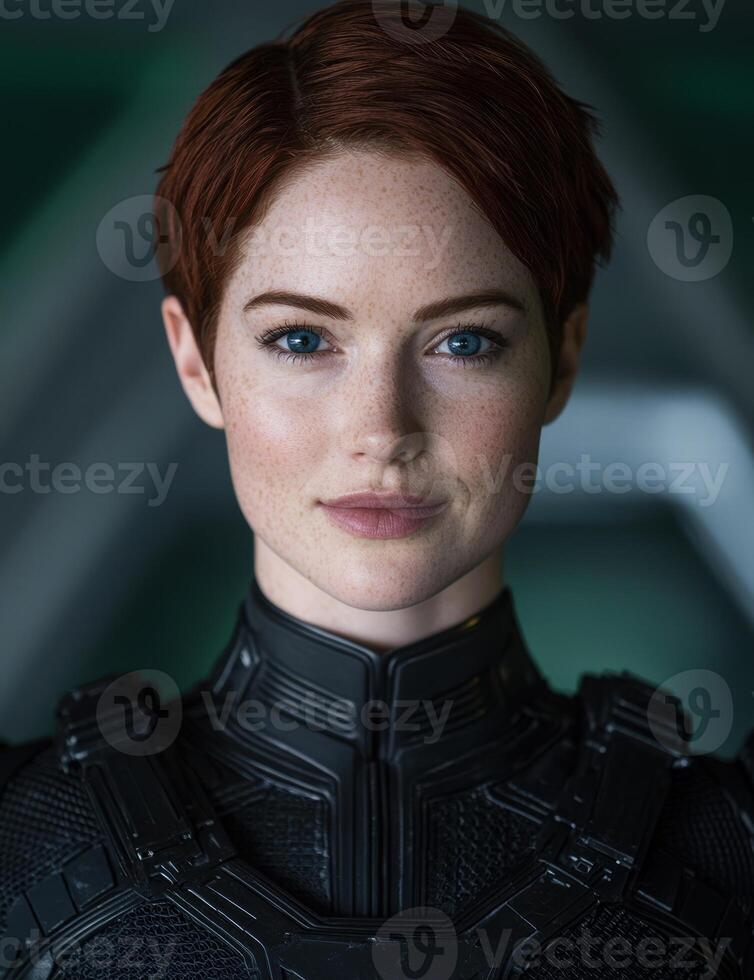 Futuristic warrior woman with intense gaze photo