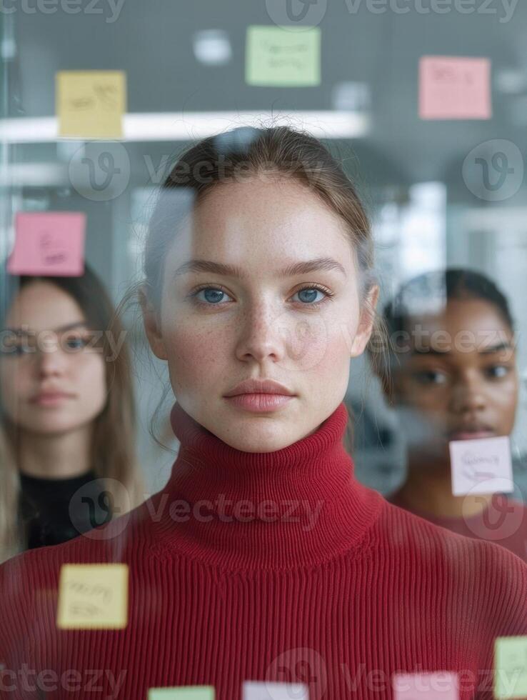 young woman in red sweater standing in office photo