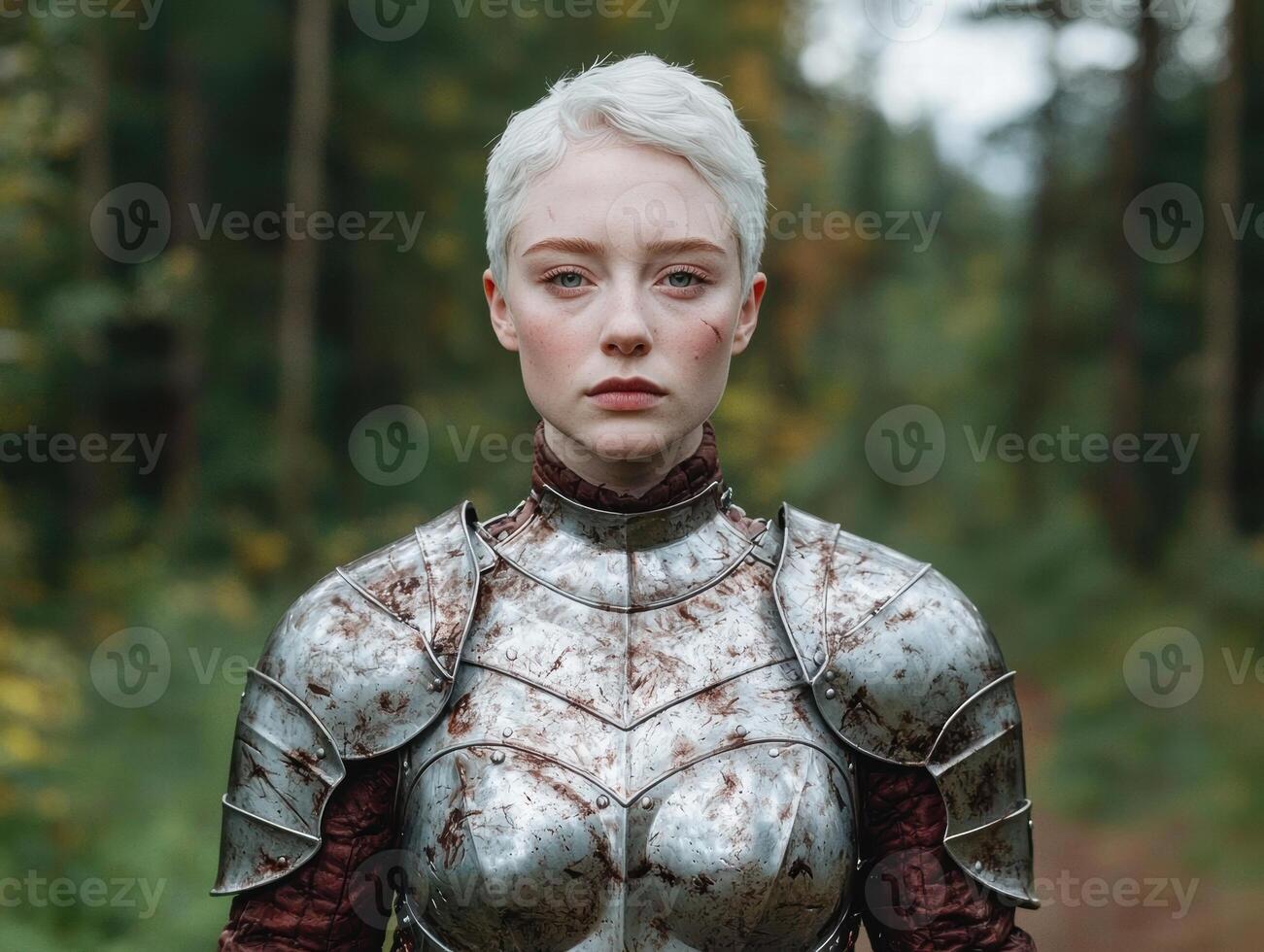 Warrior woman in armor standing in a forest photo