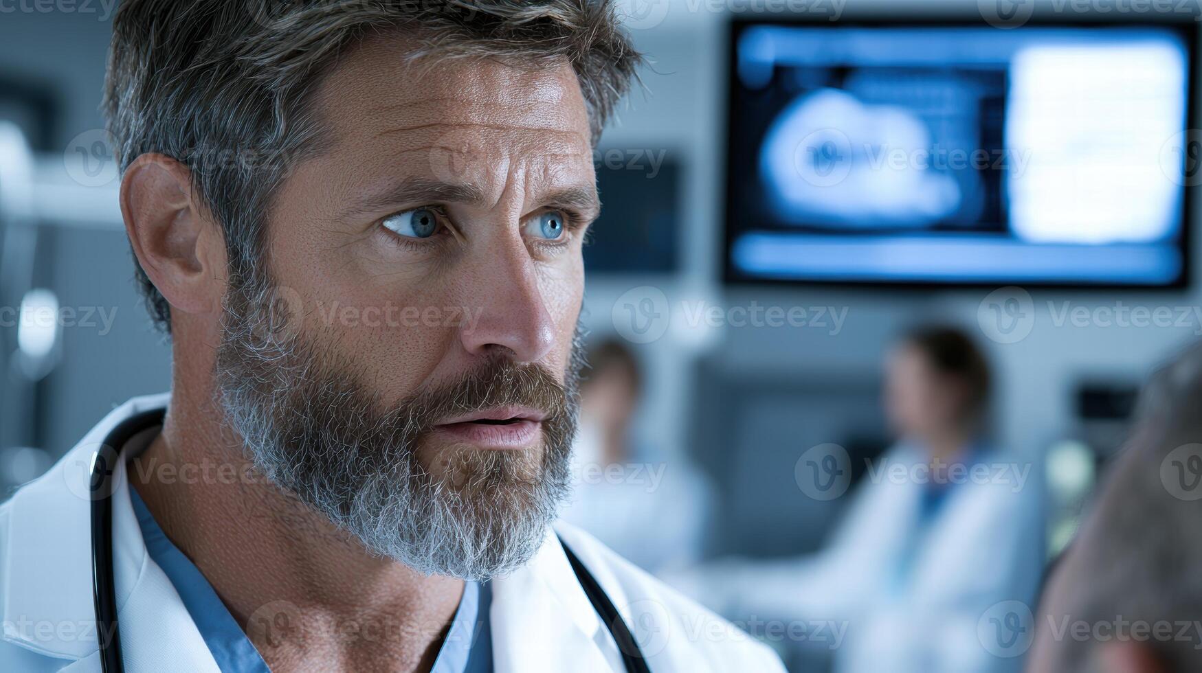 Serious doctor examining medical scan photo