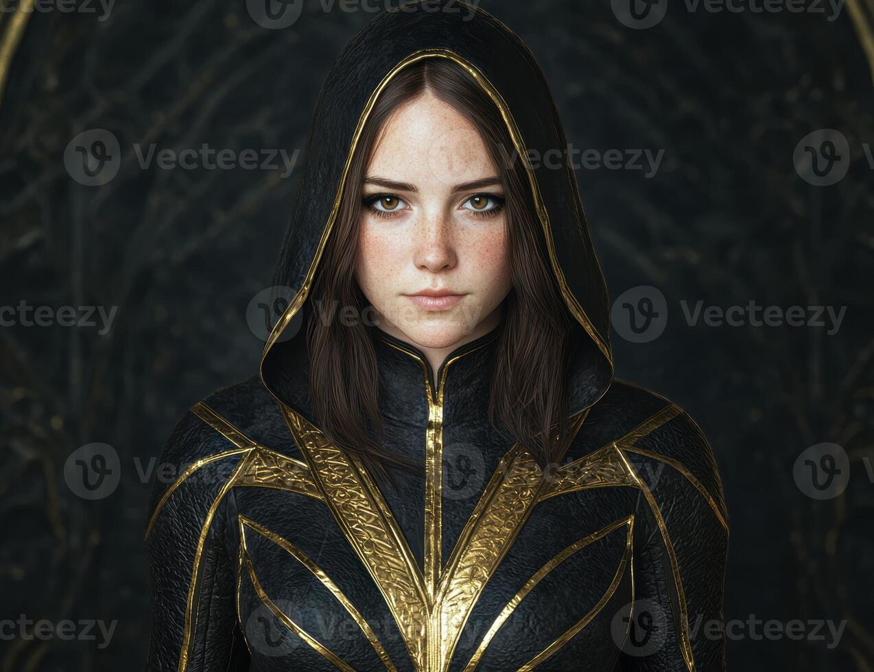 mysterious hooded figure in ornate gold and black costume photo