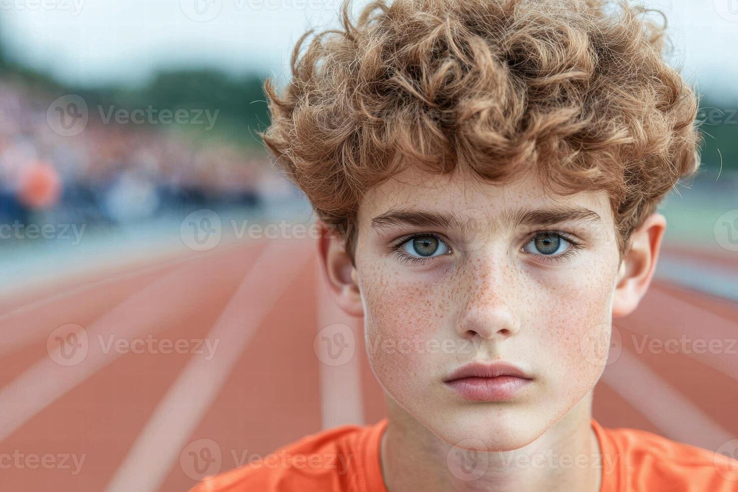 Pensive young boy with curly hair and freckles photo
