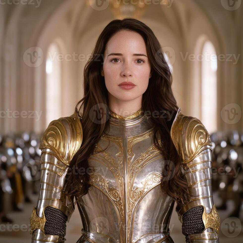 Powerful female warrior in golden armor photo