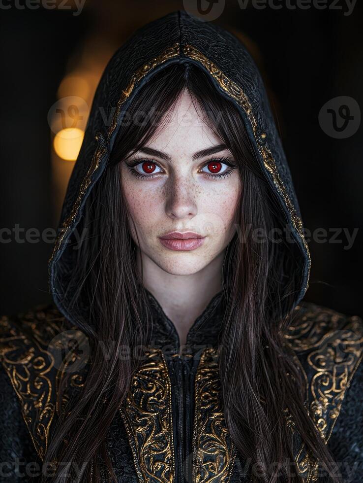 mysterious woman in dark hooded cloak photo