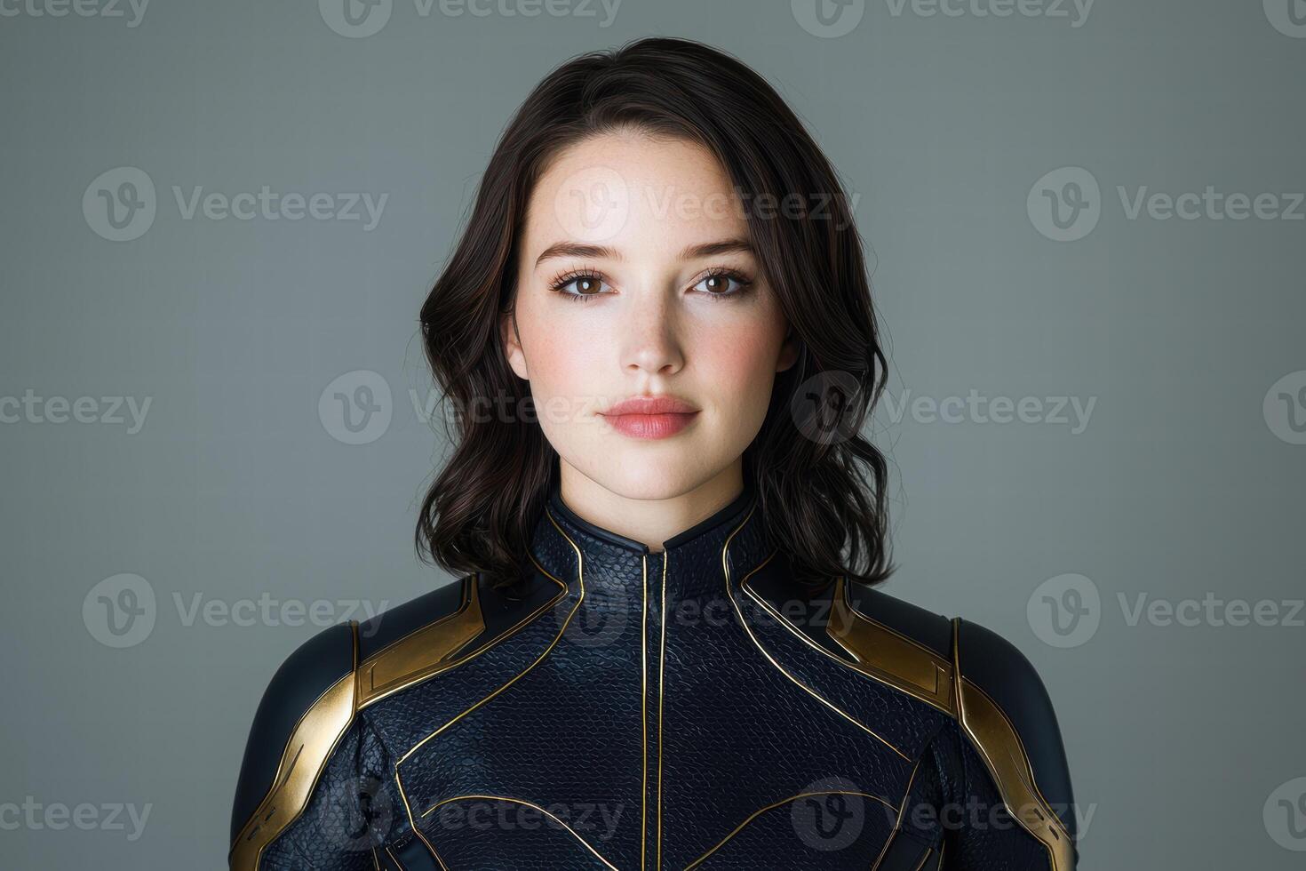 Portrait of a young woman in a stylish futuristic outfit photo