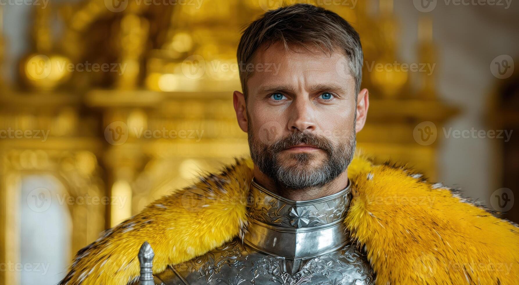 Regal warrior in ornate armor and fur cape photo